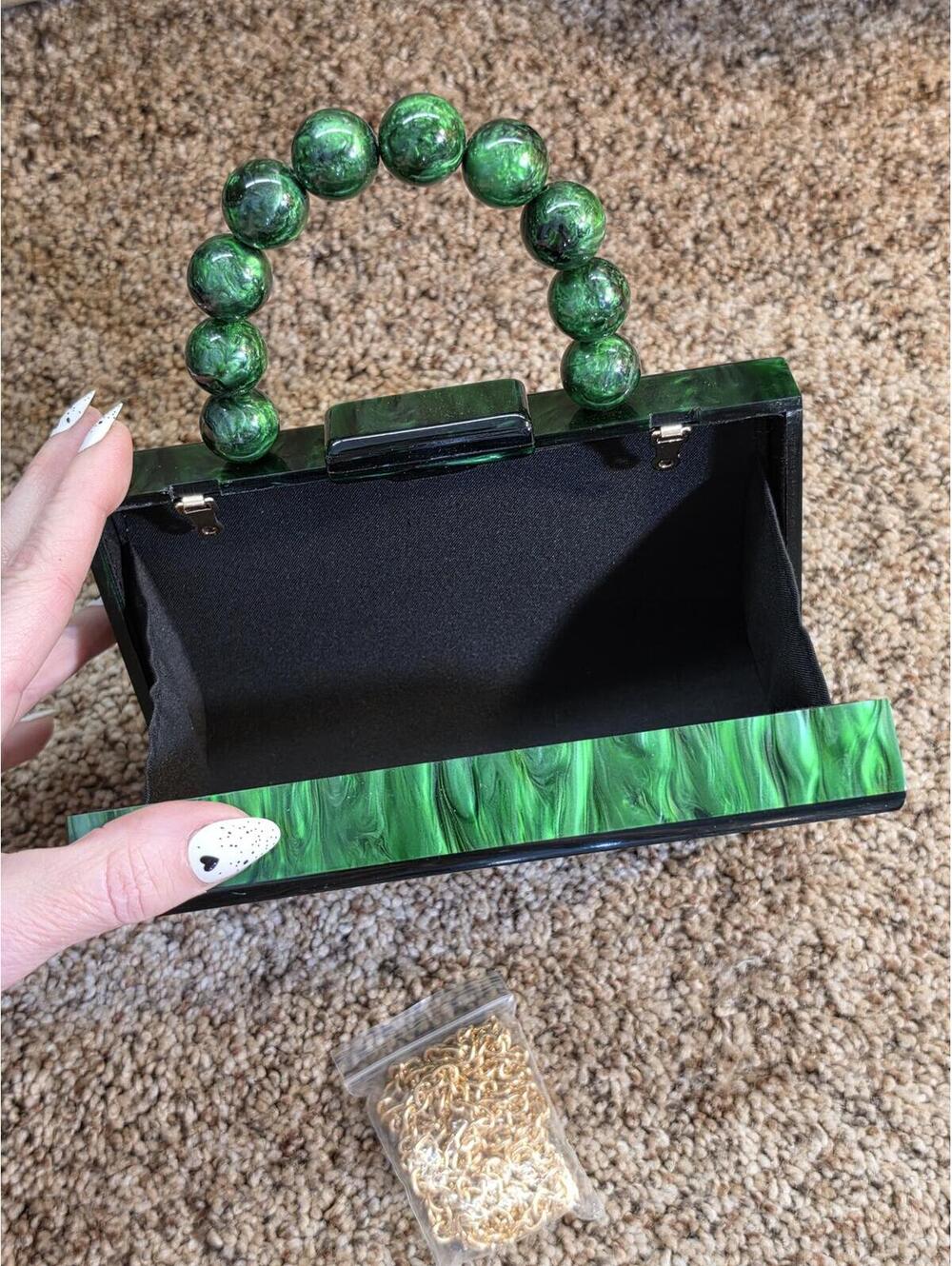 Trendy Green Acrylic Box Clutch with Beaded Handle - Picture 2 of 6